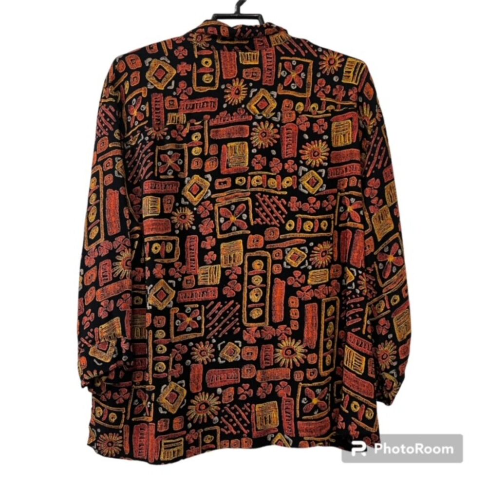Chicos Design Orange Black 100% Rayon Fiesta Button Front Long Sleeve Top Size 3 - Picture 2 of 11